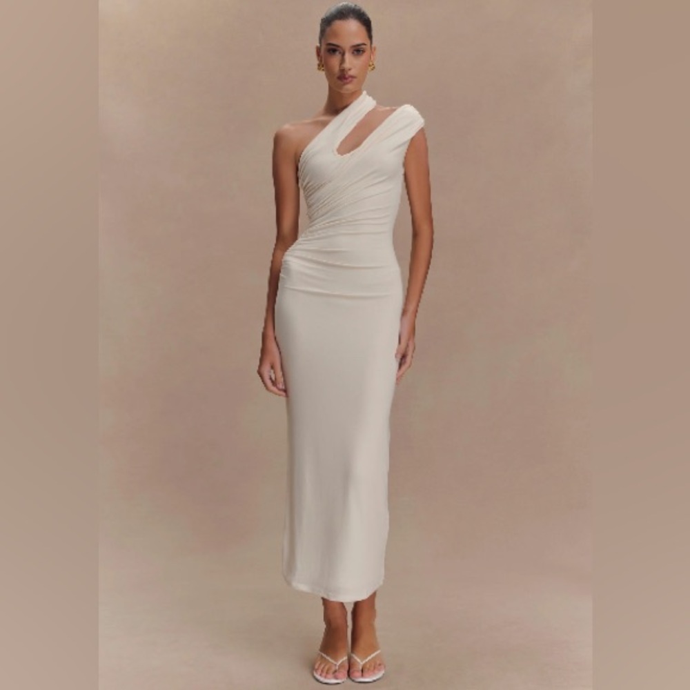 NWT Meshki One-Shoulder Cream Midi Dress (Anastasia dress) Bodycon